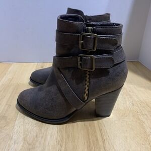 Forever Boots Womens 6.5  Ankle Bootie‎ Brown Leather Buckle Strap Block Heels